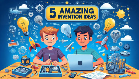Two kids inventing with tools and a laptop, surrounded by rockets, gears, and light bulbs.