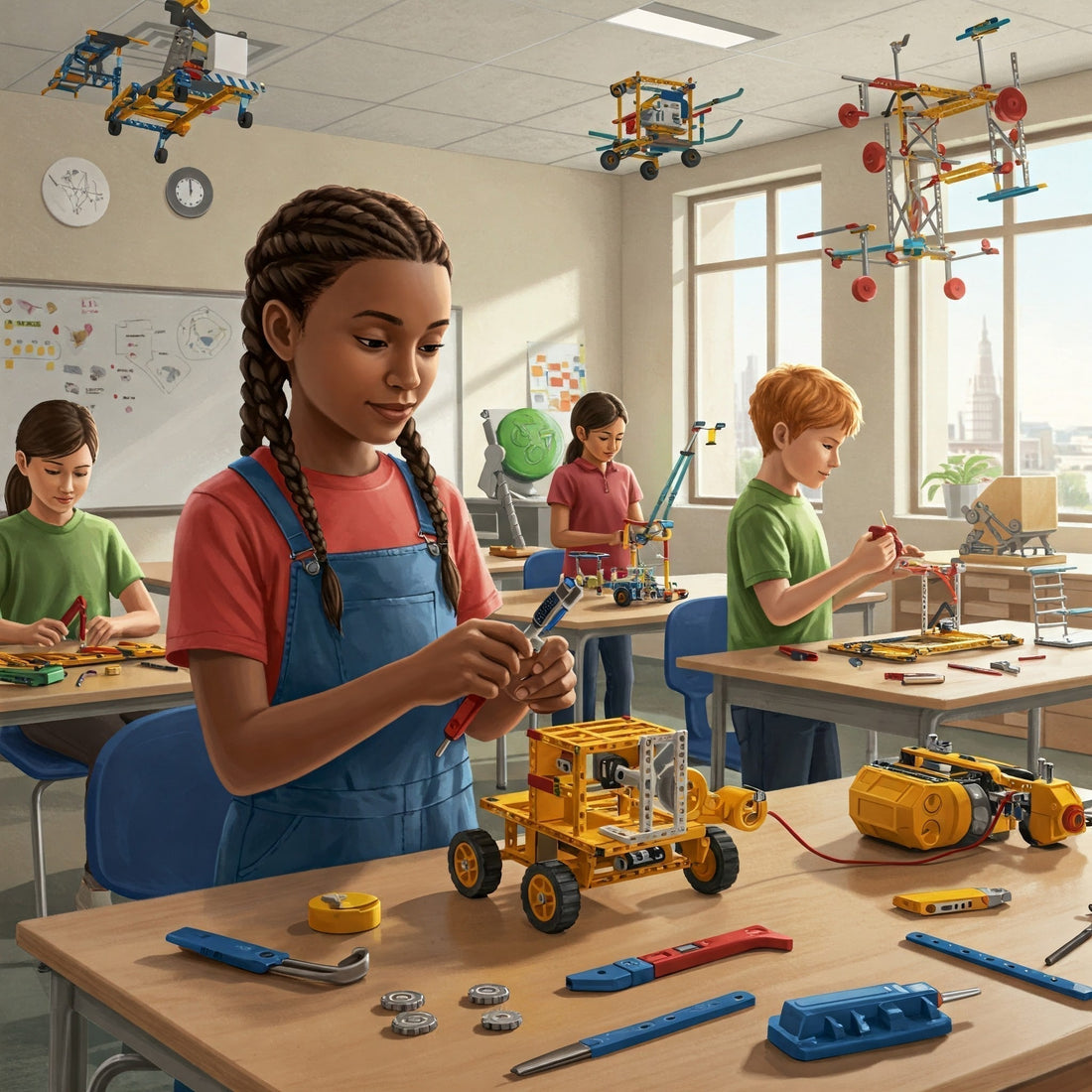 Students in a bright classroom engage in hands-on invention projects, using tools and materials to create robots and structures. The room is filled with inventive creations, fostering a stimulating learning environment.