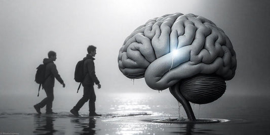 Two young individuals walking toward a giant human brain structure emerging from reflective water in a surreal, misty environment — symbolizing the journey of discovery, curiosity, and the power of imagination.